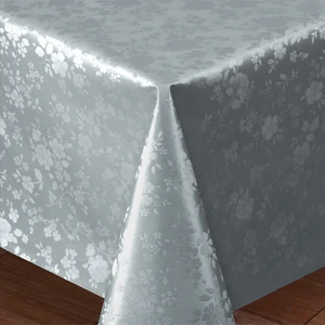 Elyaf Astarlı Pvc Masa Örtüsü Silinebilir Sıvı Geçirmez Leke Tutmaz Gül Çiçekli Gümüş Gri