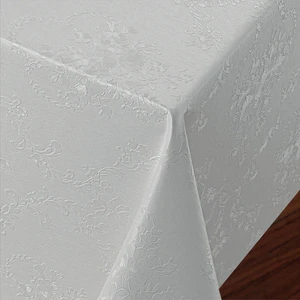 Elyaf Astarlı Pvc Masa Örtüsü Silinebilir Sıvı Geçirmez Leke Tutmaz Çiçekli Kabartma Desenli Beyaz