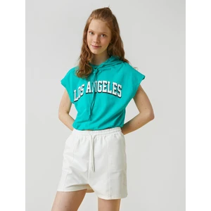 Kadın Crop Kolsuz Baskılı Kapşonlu Tişört