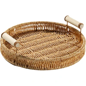 Yuvarlak Rattan Depolama Tepsisi Hasır Sepet Servis Tepsisi Meyve Ekran 24 cm