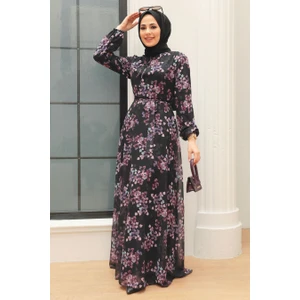Neva Style - Çiçek Desenli Siyah Tesettür Elbise 279061S