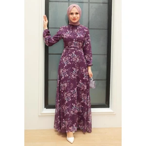 Neva Style - Çiçek Desenli Mor Tesettür Elbise 279061MOR