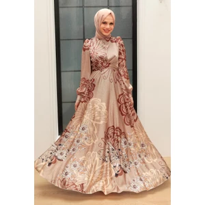Neva Style Tesettürlü Abiye Elbise - Desenli Saten Vizon Tesettür Abiye Elbise 3432V