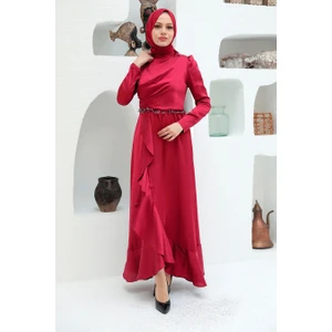 Neva Style Tesettürlü Abiye Elbise - Volanlı Kırmızı Saten Tesettür Abiye Elbise 3381K
