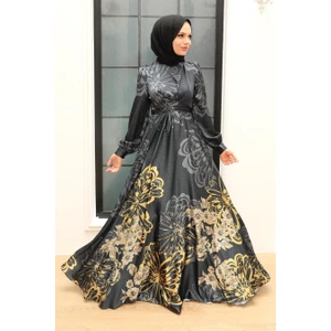 Neva Style Tesettürlü Abiye Elbise - Desenli Saten Siyah Tesettür Abiye Elbise 3432S