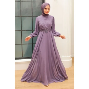 Neva Style Tesettürlü Abiye Elbise - Dantel Detaylı Lila Tesettür Abiye Elbise 3435LILA