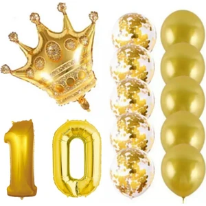 Bal10 Dünyası 10 Yaş Kral Taçlı Gold Konfetili Şeffaf Balon Seti
