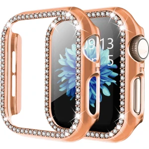 Apple Watch Uyumlu 7 45MM Elmas Taş Kaplama Önü Açık Sert Rubber Kılıf - Rose Gold