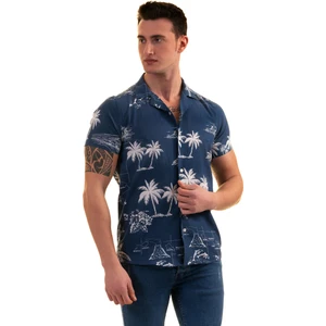 Exve Exclusive Indigo Mavi Hawaii Pamiye Desen Baskılı Nefes Alan Slim Fit Kısa Kollu Erkek Gömlek
