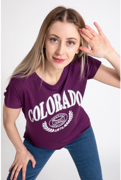 Giysa Kadın Colorado Baskılı Mürdüm Tshirt
