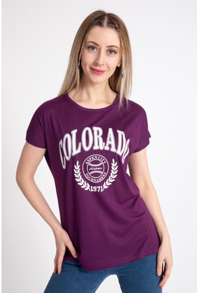 Giysa Kadın Colorado Baskılı Mürdüm Tshirt