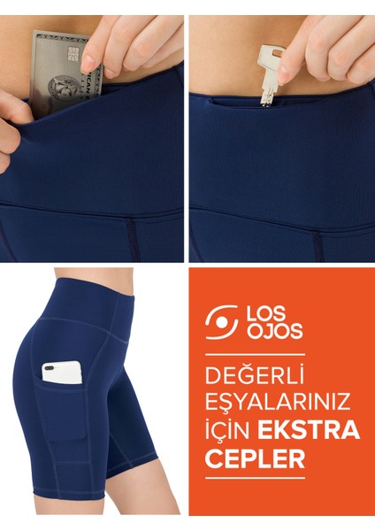 Kadın Lacivert Yüksek Bel Toparlayıcı Çift Cepli Biker Şort Kısa Spor Tayt fırsatları