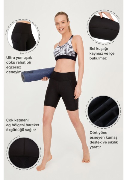 Kadın Siyah Yüksek Bel Toparlayıcı Çift Cepli Biker Şort Kısa Spor Tayt modelleri