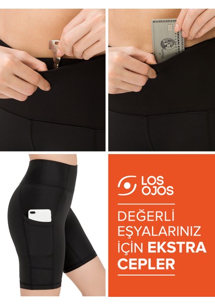 Kadın Siyah Yüksek Bel Toparlayıcı Çift Cepli Biker Şort Kısa Spor Tayt fırsatları