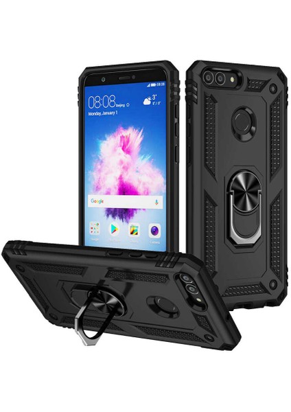 Casestreet Huawei P Smart Kılıf Vega Tank Standlı Yüzüklü Mıknatıslı Siyah