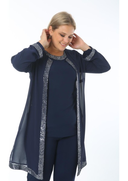 Büyük Beden 3717 Lacivert Gümüş Ceket+Bluz Ikili Takım modelleri