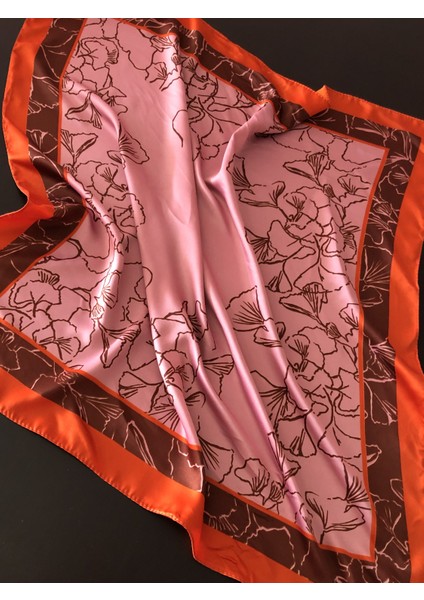 Somon & Pembe & Kahverengi Çizgi Ton Şal Desen Ipek Saten Fular