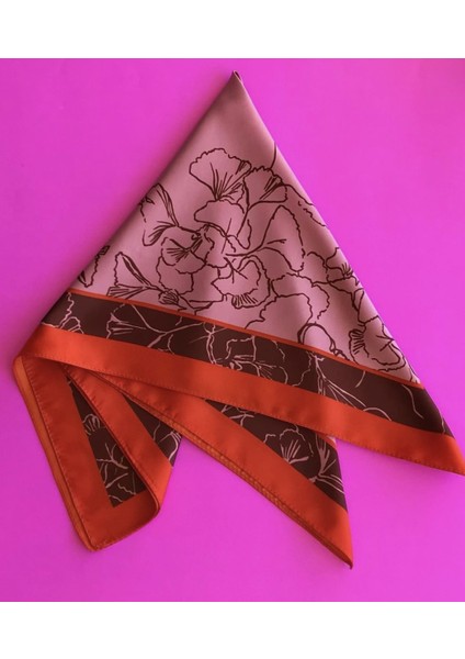 Somon & Pembe & Kahverengi Çizgi Ton Şal Desen Ipek Saten Fular modelleri