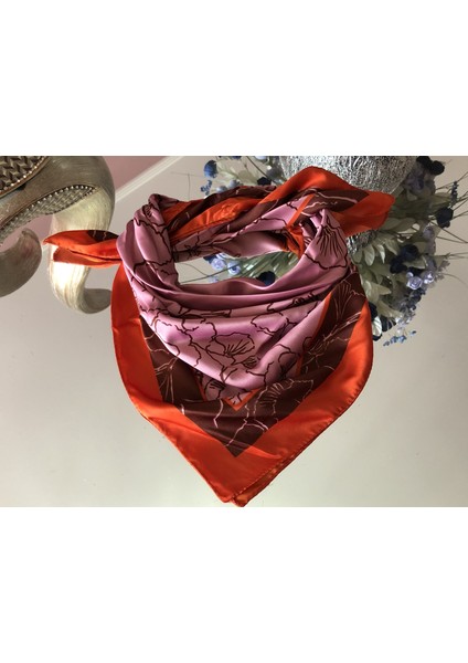 Somon & Pembe & Kahverengi Çizgi Ton Şal Desen Ipek Saten Fular fırsatları