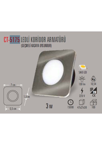 Ct-5175 3W/6400K Ledli Koridor Armatür (Beyaz)