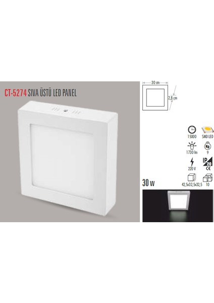 Ct-5274 30W/6400K Alm. S.ü LED Armatür Kare (Beyaz)
