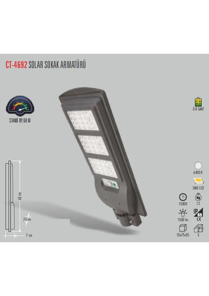 Ct-4692 60W Solar Sokak Armatür