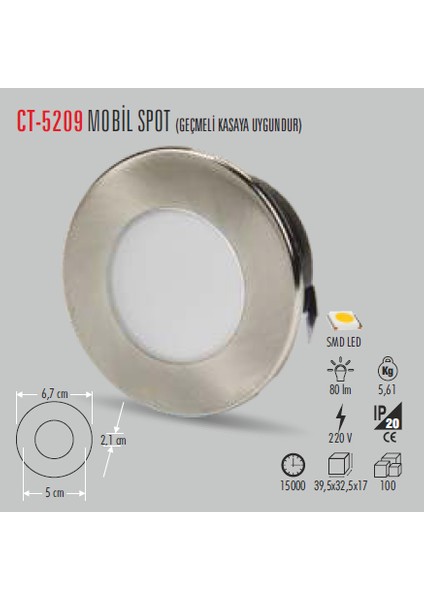 Ct-5209 1W/6500K Cob Ledli Mobil Spot(Beyaz) fiyatları