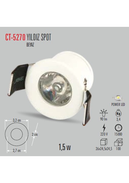 Ct-5270 1,5W/6400K Yıldız Spot Beyaz Kasa(Beyaz)