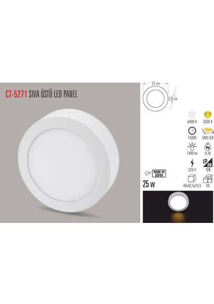 Ct-5271 25W/6400K Alm. S.ü LED Armatür Yuvarlak (Beyaz)