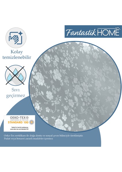 Elyaf Astarlı Pvc Masa Örtüsü Silinebilir Sıvı Geçirmez Leke Tutmaz Gül Çiçekli Gümüş Gri modelleri