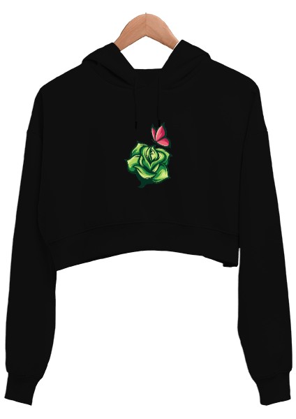 Gül Tasarım Kadın Crop Hoodie Kapüşonlu Sweatshirt