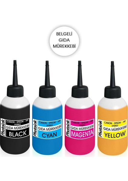 Canon / Hp Uyumlu 4X100 Ml. Gıda Mürekkep Seti,gıda Boyası 400ML