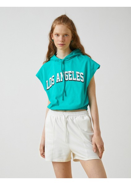 Kadın Crop Kolsuz Baskılı Kapşonlu Tişört modelleri