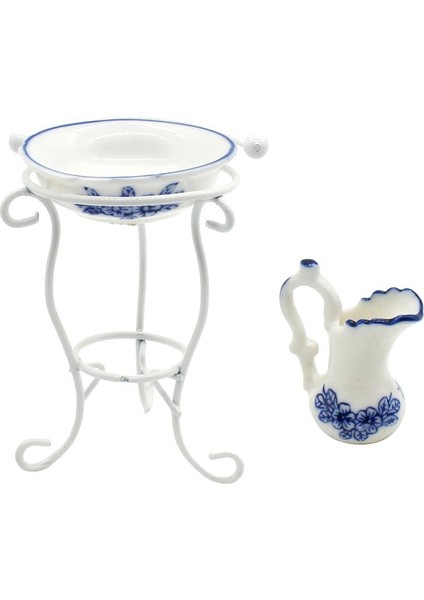 1/12 Dollhouse Minyatür Porselen Su Potu Lavabo ve Metal Raf Seti Oyuncak (Yurt Dışından)