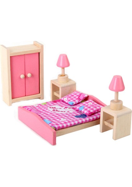 Dollhouse Minyatür Mobilya Ahşap Yatak Odası Yatak Masa Lambası Dolap Oyuncak Seti Gül Kırmızı (Yurt Dışından)