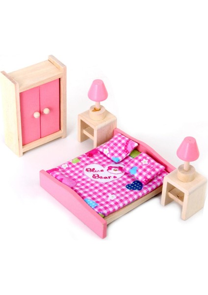 Dollhouse Minyatür Mobilya Ahşap Yatak Odası Yatak Masa Lambası Dolap Oyuncak Seti Gül Kırmızı (Yurt Dışından) fiyatları