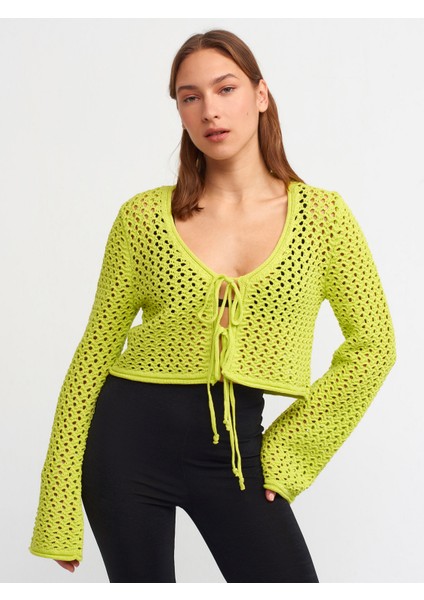 60130 Önü Bağcıklı Triko Hırka-Lime