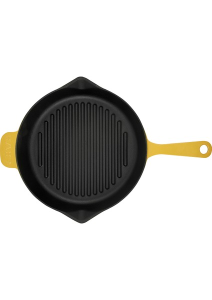 Döküm Izgara Tava, Metal Saplı Çap(Ø)28cm, Parlak Siyah Taban, Mat Sarı