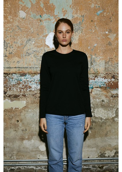 White And Simple Kadın Siyah Uzun Kollu Bisiklet Yaka Organik Pamuk T-Shirt