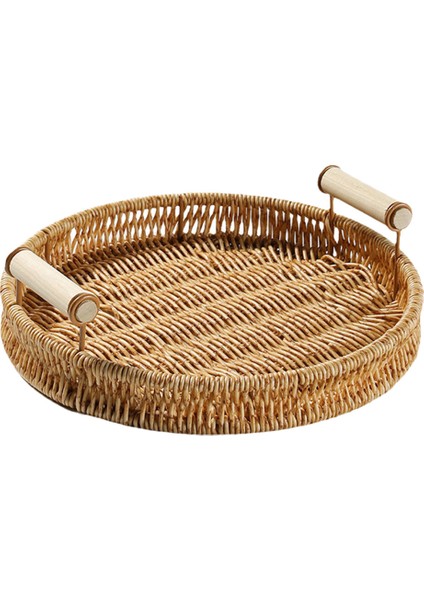 Yuvarlak Rattan Depolama Tepsisi Hasır Sepet Servis Tepsisi Meyve Ekran 24 cm