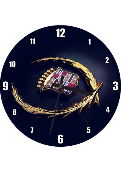 Cakatablo Siyah Zemin Cadillac Logo Duvar Saati (Çap 30X30 Cm)