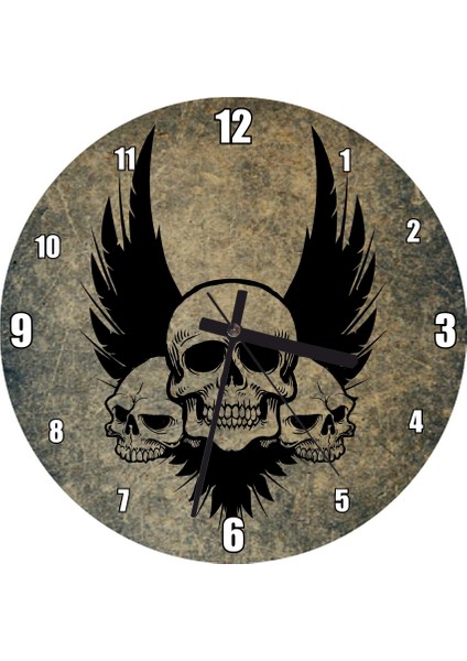 Cakatablo Kurukafalar ve Karga Tüyleri Duvar Saati (Çap 50X50 cm )