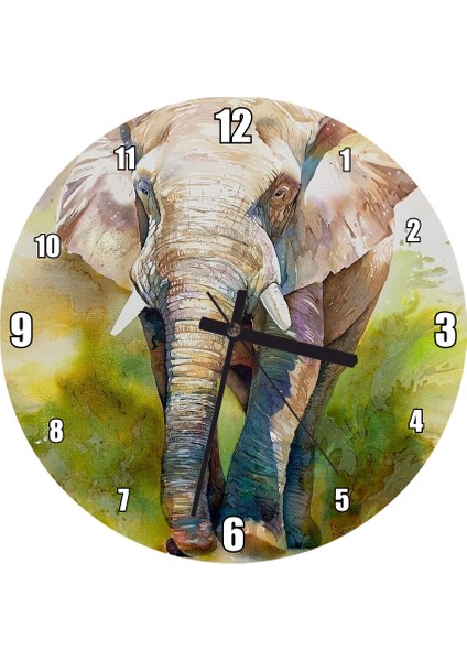 Cakatablo Kahverengi Fil Suluboya Çizim Duvar Saati (Çap 30X30 Cm)