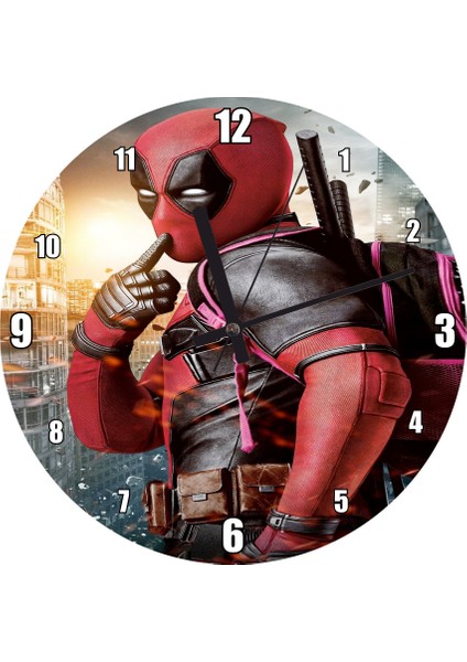 Cakatablo Deadpool ve Şehir Manzarası Duvar Saati (Çap 50X50 cm )
