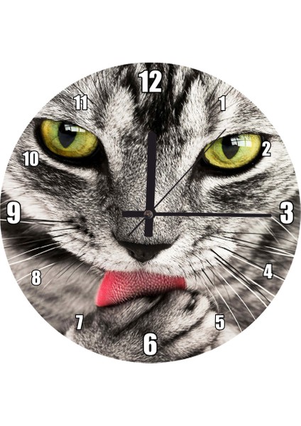 Cakatablo Patisini Yalayan Sevimli Tekir Kedi Duvar Saati (Çap 30X30 Cm)