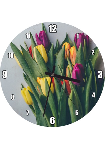 Cakatablo Gri Zeminde Sarı ve Bordo Laleler Duvar Saati (Çap 50X50 cm )