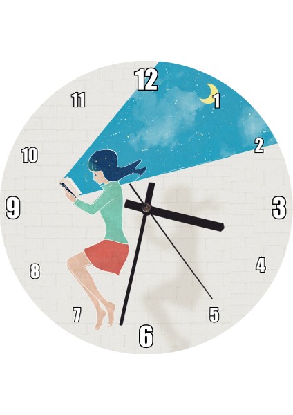 Cakatablo Kitap Okuyan Kız Ay ve Yıldızlar Duvar Saati (Çap 50X50 cm )