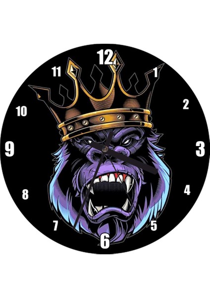Cakatablo Taçlı Goril Çizimi Görsel Duvar Saati (Çap 30X30 Cm)