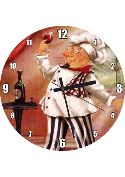 Cakatablo Şarap Tadan Aşçı Figürü Duvar Saati (Çap 50X50 cm )