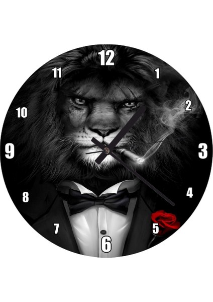 Cakatablo Vahşi Havalı Purolu Güllü Aslan Resmi Duvar Saati (Çap 30X30 Cm)